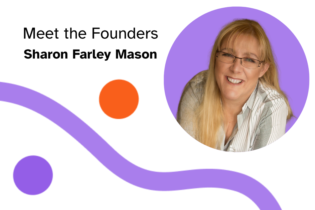 Photo of Sharon Farley-Mason  floats inside a purple circle with Never Grey branding.